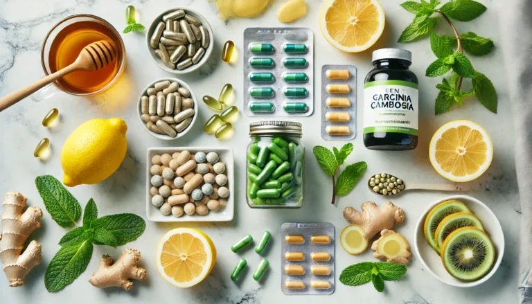 Flat lay on a marble surface with belly fat-burning supplements including apple cider vinegar capsules, green tea extract, and garcinia cambogia beside lemon, ginger, and mint.
