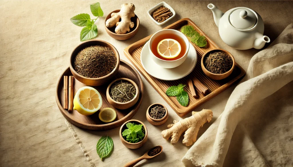Flat lay of slimming tea for weight loss featuring a steaming herbal tea cup, wooden bowl of dried leaves, lemon slices, ginger, and mint on a bamboo tray with natural lighting.