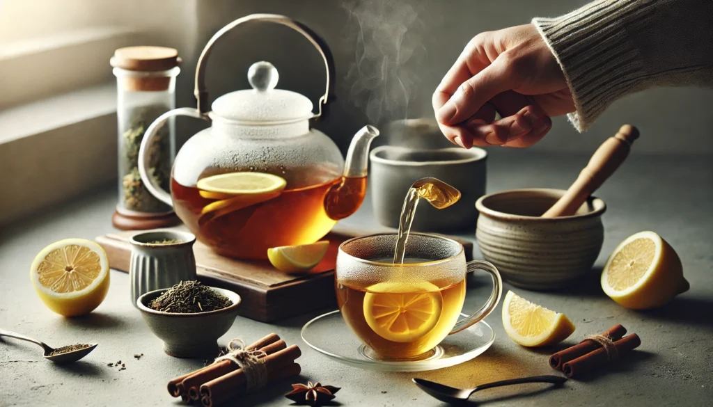 Glass teapot pouring steaming slimming tea into a ceramic cup, surrounded by green tea leaves, cinnamon sticks, lemon wedges, and a bowl of herbal blend in a minimalist kitchen.
