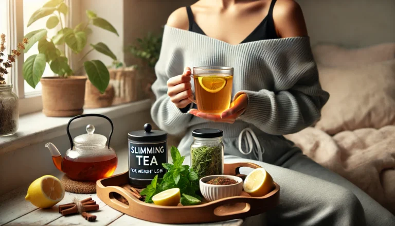 Woman in loungewear holding a cup of slimming herbal tea near a sunlit window, with a wooden tray of fresh mint, lemon, and cinnamon as part of a morning wellness routine.