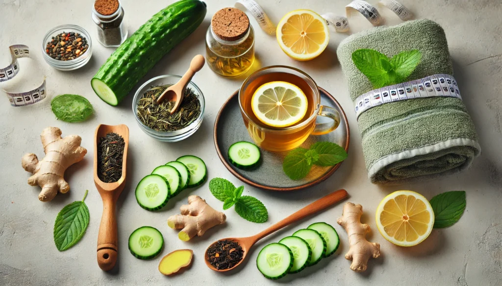 Spa-style flat lay of slimming tea setup with green tea leaves, ginger root, cucumber slices, mint, and lemon arranged beside a cup of tea, wooden spoon, and a soft towel.