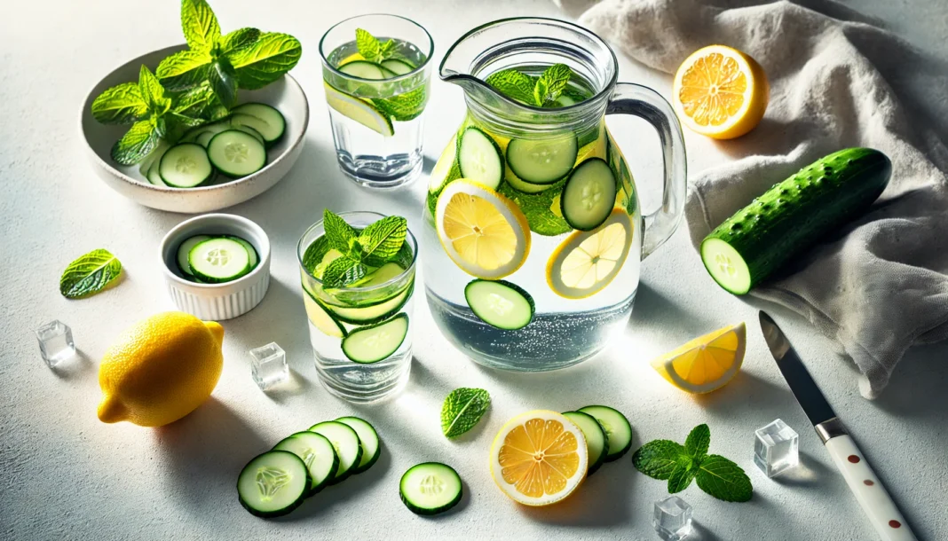 Flat lay of a weight loss water recipe with a glass pitcher filled with lemon, cucumber, and mint infused water on a white countertop in natural light.