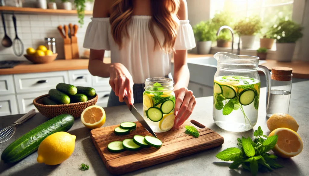 Woman preparing weight loss water in a kitchen, slicing lemons and cucumbers next to a glass jar of infused water with mint, under bright daylight.