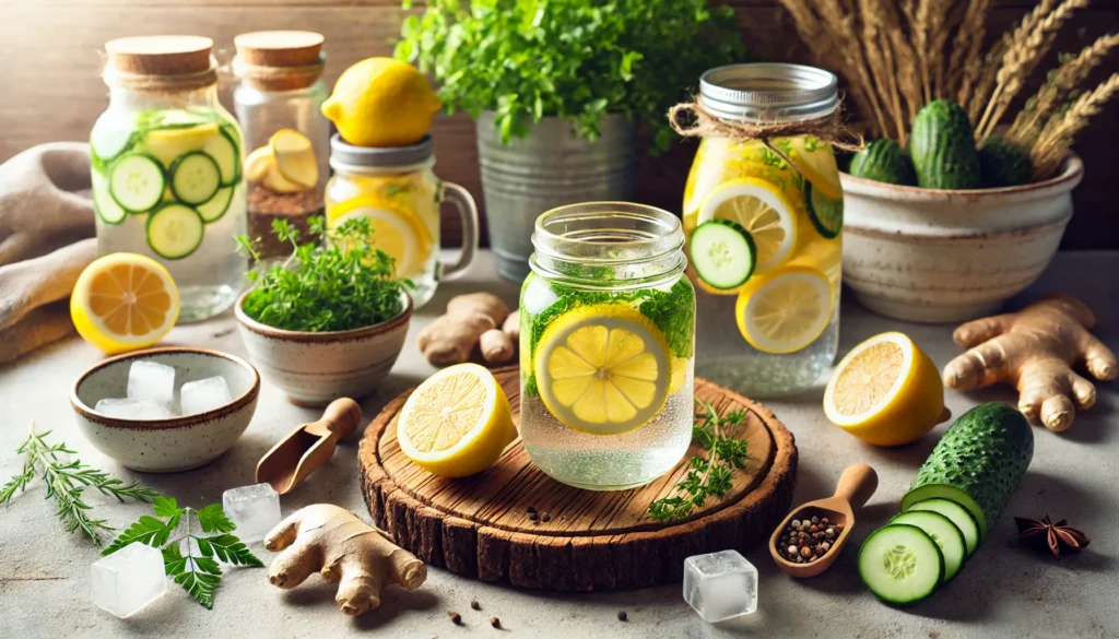 Rustic tabletop with mason jars filled with infused weight loss water containing lemon, ginger, and cucumber, surrounded by ice, herbs, and a wooden tray.