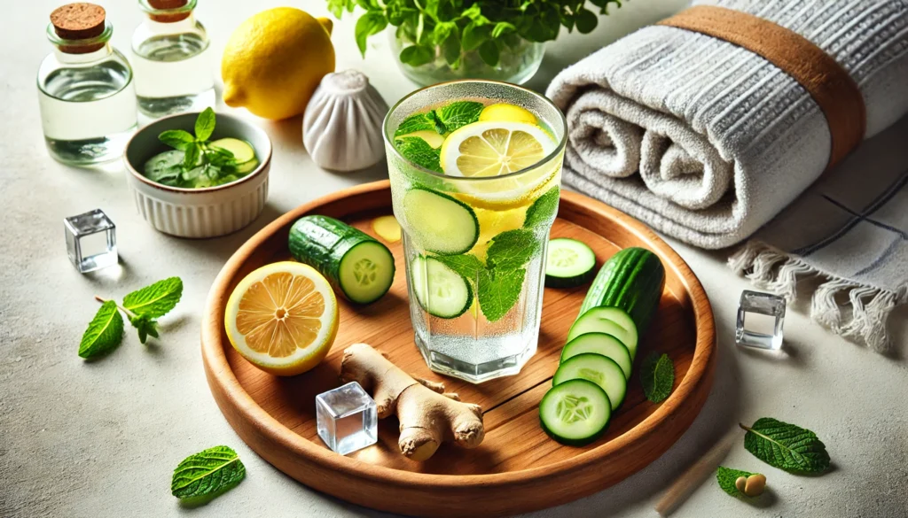 Spa-inspired scene with a glass of detox weight loss water infused with lemon, mint, cucumber, and ginger, placed on a wooden tray with fresh herbs and a towel.