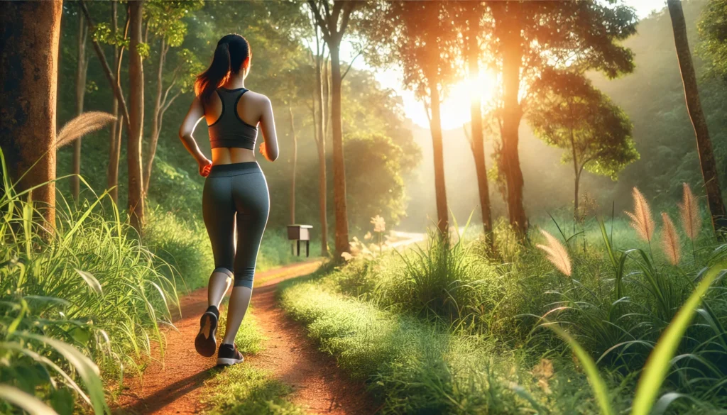 Science-Backed Weight Loss Programs That Work: Exploring the Best Fat Loss Program for Women and Effective Strategies for Losing Weight Naturally 3 A fit woman jogging along a sunlit forest trail in the early morning, surrounded by lush green trees and natural foliage, symbolizing active lifestyle and weight loss.