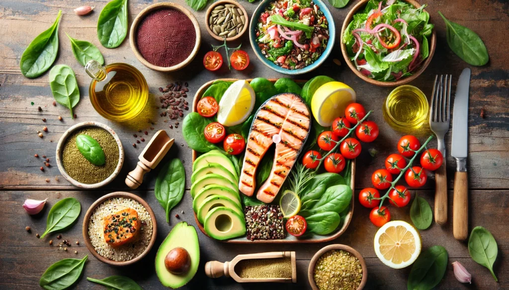 Science-Backed Weight Loss Programs That Work: Exploring the Best Fat Loss Program for Women and Effective Strategies for Losing Weight Naturally 2 A top-down view of a healthy, colorful weight loss meal with grilled salmon, leafy greens, avocado, and quinoa on a rustic wooden table in natural lighting.