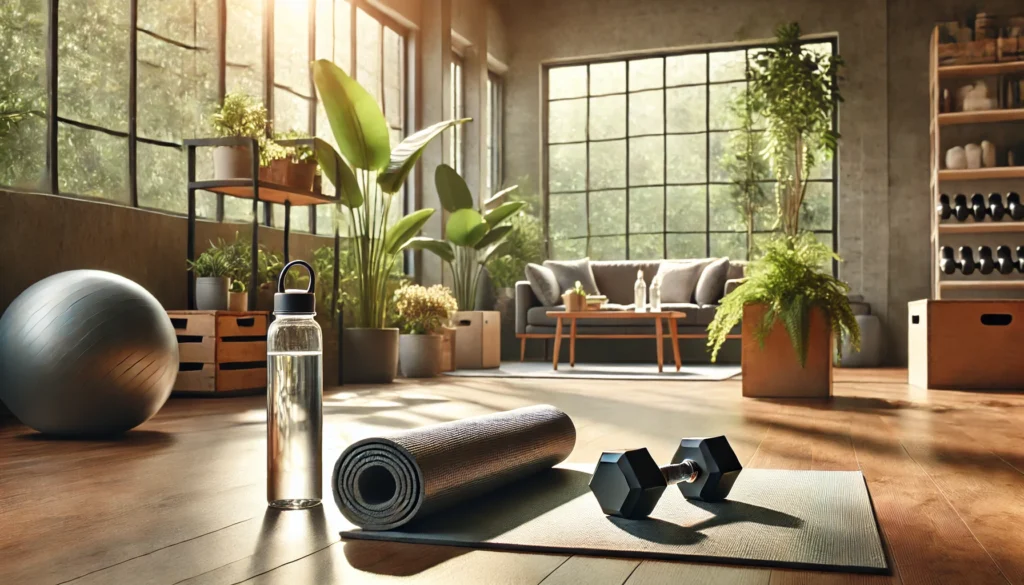 Science-Backed Weight Loss Programs That Work: Exploring the Best Fat Loss Program for Women and Effective Strategies for Losing Weight Naturally 1 A minimalistic home gym interior with a yoga mat, water bottle, and dumbbells bathed in soft natural light, representing wellness and weight loss through indoor fitness.