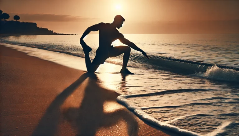 A fit man stretching on a serene beach at sunrise with calm ocean waves in the background, symbolizing strength, discipline, and the weight loss journey.