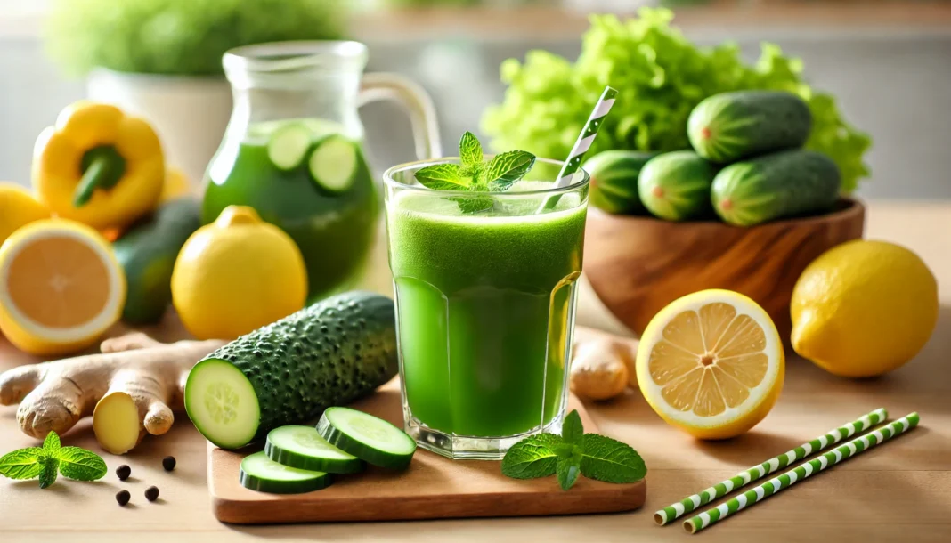 A glass of green detox juice made with cucumber, lemon, ginger, and mint placed on a rustic wooden counter, visually symbolizing natural weight loss and belly fat burning.