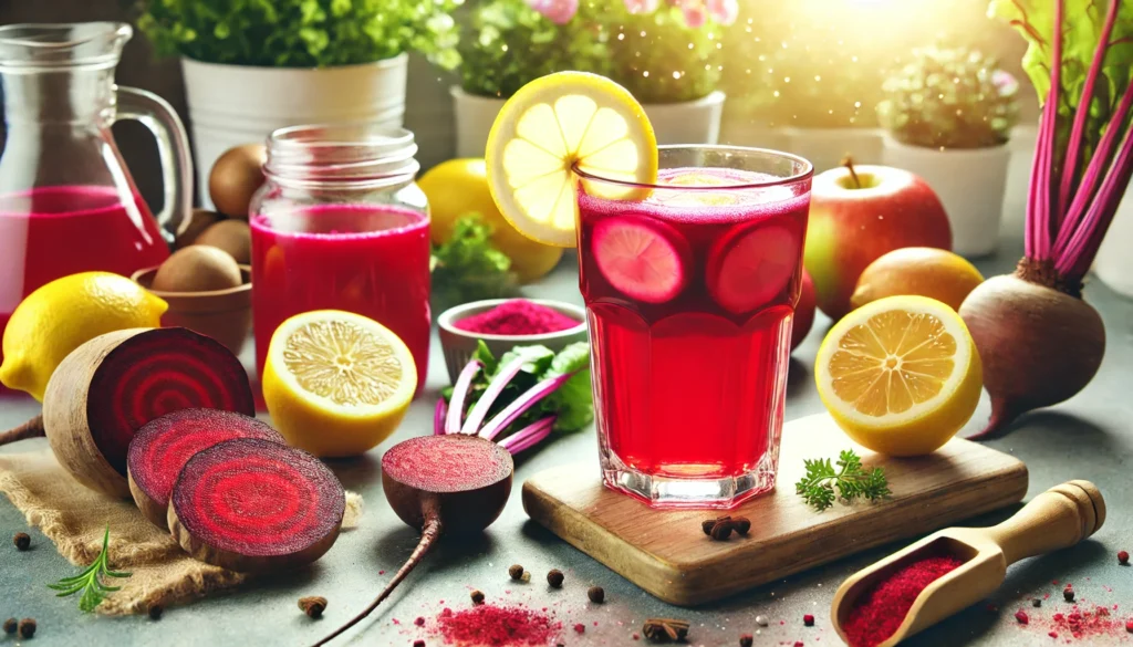 The Best Weight Loss Drinks to Burn Belly Fat Naturally: Science-Backed Beverages That Help You Lose Weight Fast and Safely 1 A vibrant red weight loss drink made from beetroot, lemon, and apple cider vinegar, surrounded by fresh ingredients on a clean kitchen counter with bright natural light.