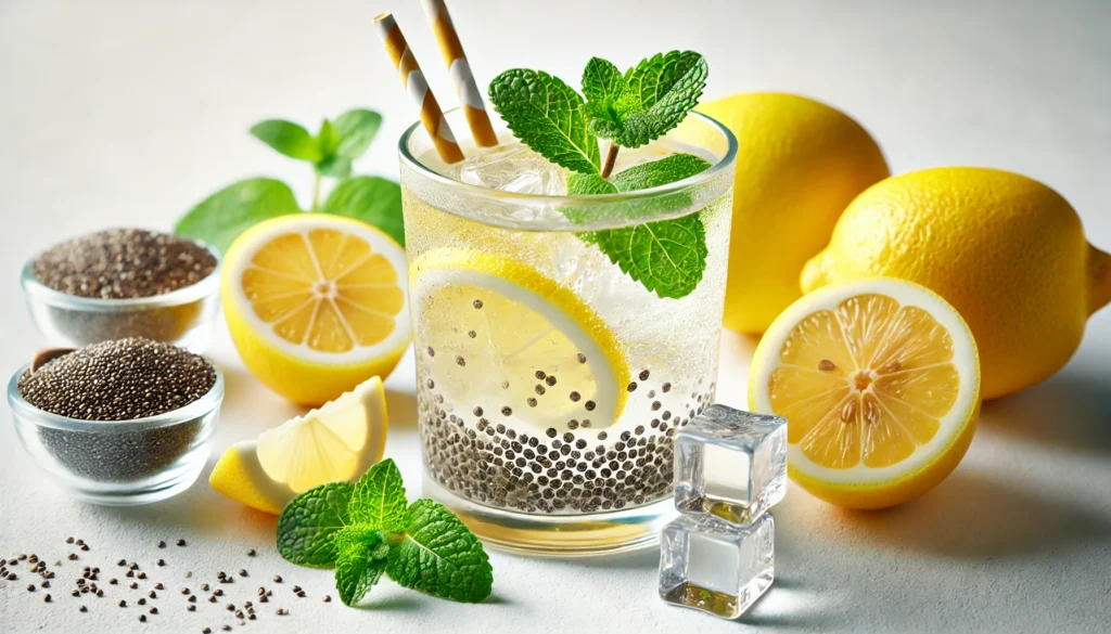 The Best Weight Loss Drinks to Burn Belly Fat Naturally: Science-Backed Beverages That Help You Lose Weight Fast and Safely 2 A cold glass of lemon water infused with chia seeds and mint, resting on a bright surface with ice and condensation, visually representing a refreshing belly fat-burning drink.