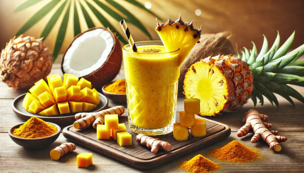 The Best Weight Loss Drinks to Burn Belly Fat Naturally: Science-Backed Beverages That Help You Lose Weight Fast and Safely 3 A tropical smoothie made with pineapple and turmeric, surrounded by coconut chunks and turmeric root, bathed in natural light on a wooden surface, symbolizing a fat-burning drink.