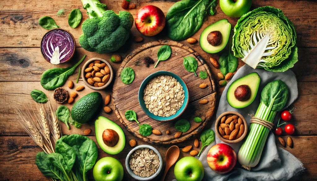 Natural Appetite Support: The Best Over the Counter Appetite Stimulants, Vitamins That Help Appetite, and Non-Prescription Enhancers for Healthy Weight Gain 3 A flat-lay image of natural appetite-suppressing foods including avocado, almonds, apples, leafy greens, and oats, arranged on a rustic wooden table with vibrant natural lighting.