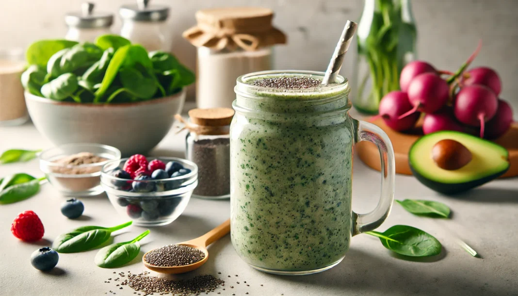 A serene morning kitchen scene with a woman sipping herbal tea, surrounded by fresh peppermint, fennel, and ginger, representing natural herbal appetite support.