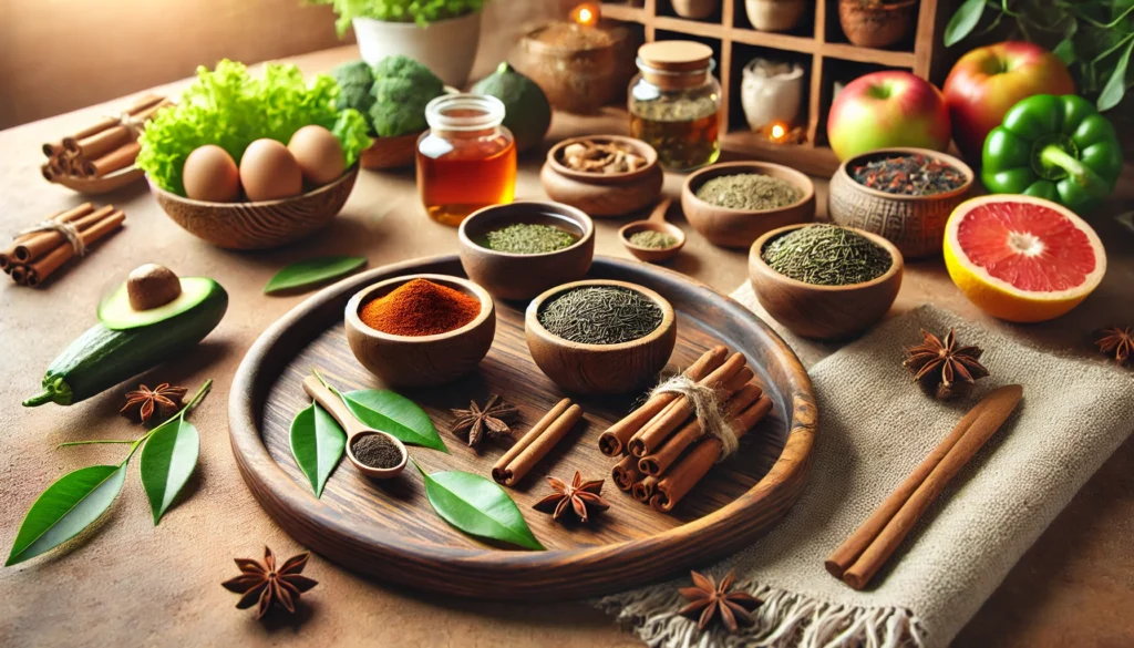 Natural Appetite Support: The Best Over the Counter Appetite Stimulants, Vitamins That Help Appetite, and Non-Prescription Enhancers for Healthy Weight Gain 1 A wooden tray with bowls of natural appetite-suppressant herbs and spices like cinnamon, green tea leaves, and cayenne pepper, surrounded by whole foods in a warm, cozy kitchen setting.