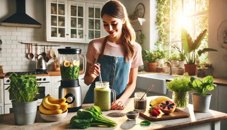 A woman in a sunlit kitchen preparing a smoothie using appetite-curbing ingredients like spinach, chia seeds, and banana, with a blender and fresh produce on the counter.