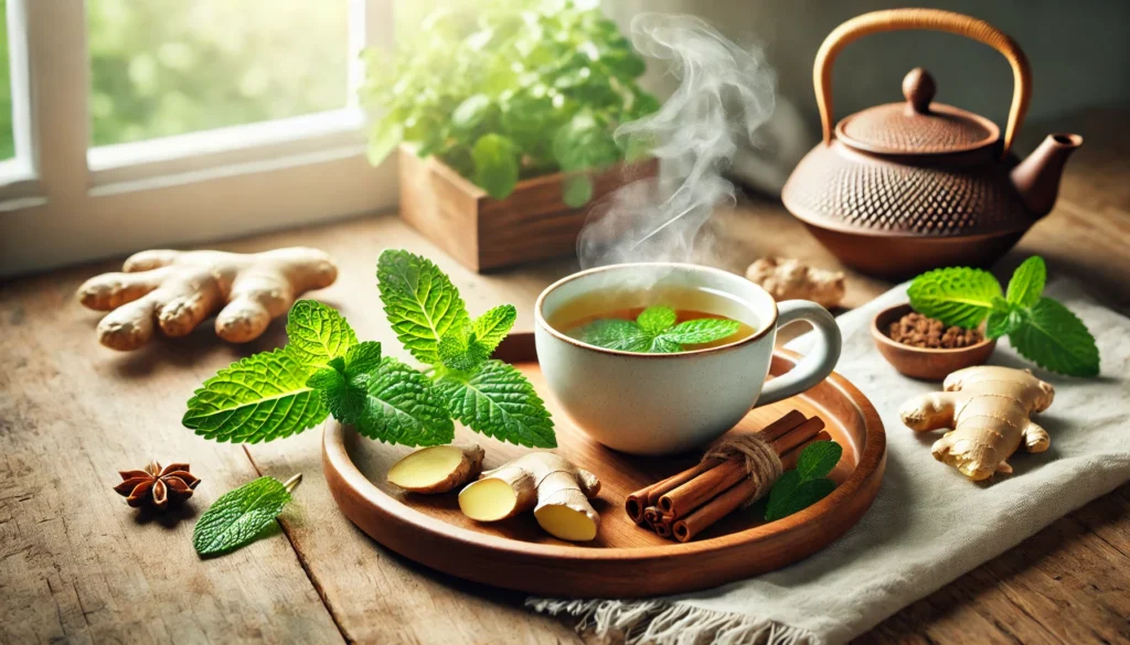 Curb Hunger Naturally: The Best Herbal Tea for Appetite Suppressant Support and Green Tea’s Role in Appetite Control 1 A calming setup of a steaming herbal green tea surrounded by ginger, mint, and cinnamon sticks on a wooden tray, placed near a softly lit window for a natural appetite control vibe.