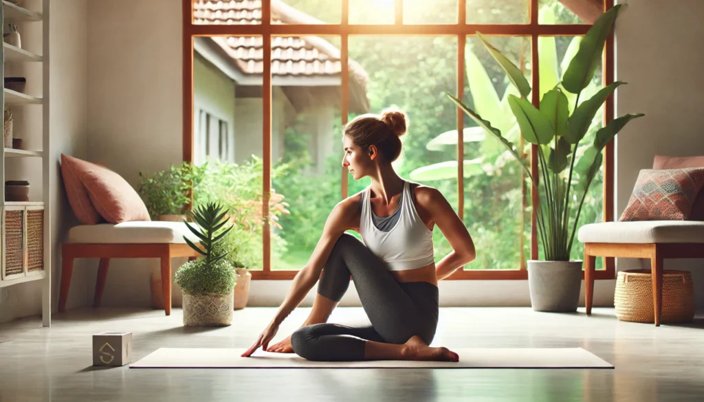 How to Lose Belly Fat Naturally in 1 Week: Stomach Fat Burner Foods, Exercises, and Side Fat Reduction Tips That Work 3 A fit woman practicing a yoga twist in a peaceful, sunlit home environment with plants, symbolizing natural belly fat loss through mindful movement and core strengthening.