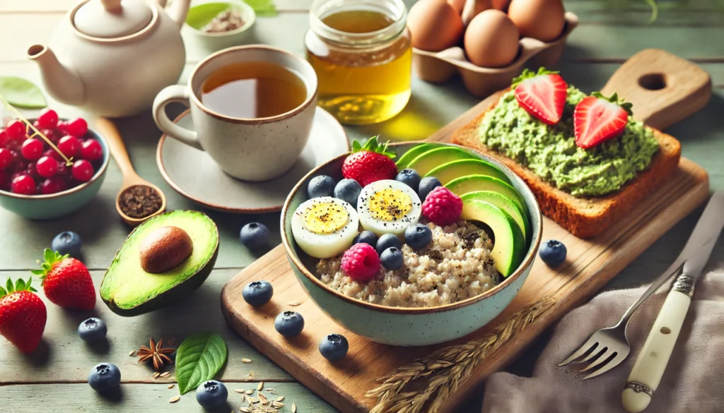 How to Lose Belly Fat Naturally in 1 Week: Stomach Fat Burner Foods, Exercises, and Side Fat Reduction Tips That Work 2 A close-up of a healthy breakfast spread featuring oatmeal with berries, avocado toast, boiled eggs, and green tea, placed on a wooden table in soft daylight to highlight fat-burning nutrition.