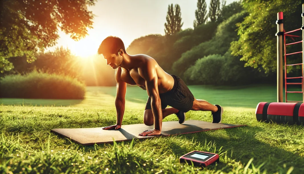 A man exercising outdoors on a yoga mat at sunrise, performing mountain climbers with intense core engagement, surrounded by green grass and trees to reflect natural fat loss through fitness.