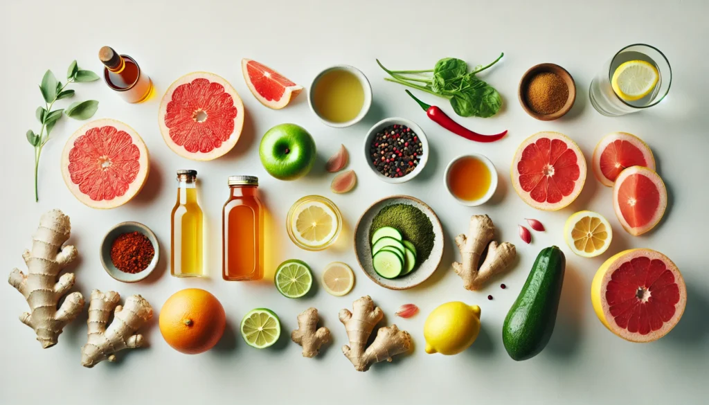 How to Lose Belly Fat Naturally in 1 Week: Stomach Fat Burner Foods, Exercises, and Side Fat Reduction Tips That Work 1 A flat-lay of natural belly fat-burning ingredients like grapefruit, green tea, ginger, apple cider vinegar, lemon, and cayenne pepper on a bright white surface with clean minimal styling.
