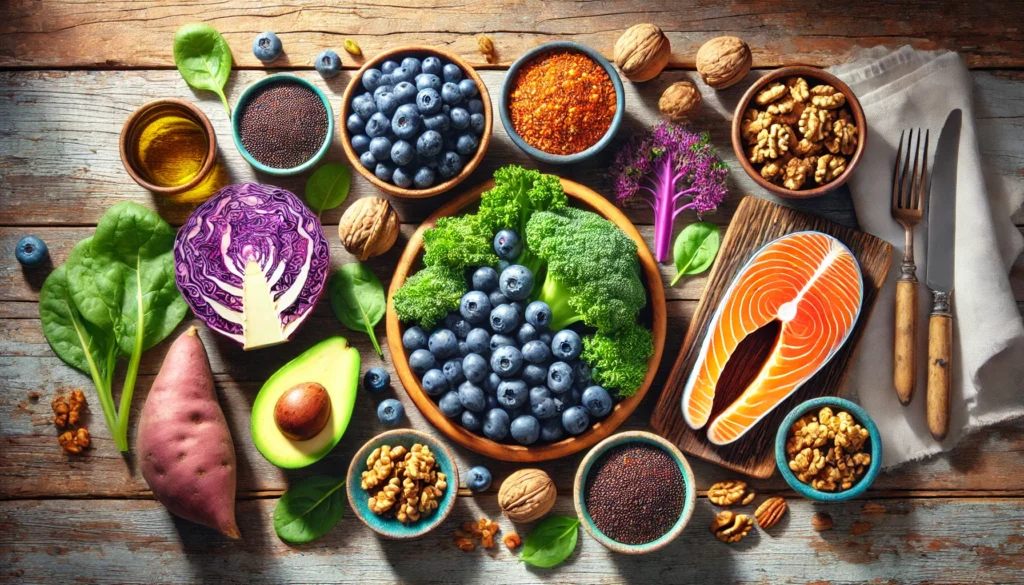 A flat-lay of vibrant power foods including blueberries, kale, avocado, sweet potatoes, quinoa, walnuts, and salmon arranged on a rustic wooden surface in bright natural light.