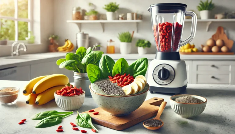A rustic breakfast spread with a bowl of overnight oats topped with flaxseeds, sliced strawberries, almonds, and coconut flakes, surrounded by wholesome fruits and nuts in soft daylight.