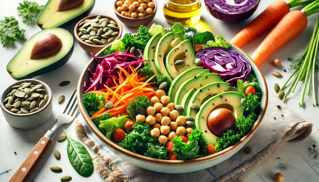 A close-up of a colorful power food salad with kale, chickpeas, avocado, red cabbage, carrots, and pumpkin seeds, surrounded by fresh ingredients on a bright kitchen table.