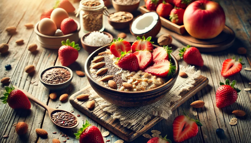 A smoothie bowl topped with chia seeds, goji berries, bananas, and spinach, placed in a clean kitchen with a blender and fresh superfoods, illuminated by soft morning light.
