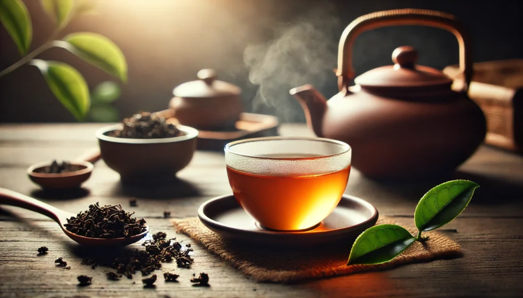 Oolong Tea and Weight Loss Reviews: What Science Says About This Herbal Remedy for Fat Burning and Metabolism Boost 3 A peaceful tea scene with a steaming cup of oolong tea, traditional clay teapot, and loose tea leaves on a wooden table bathed in natural morning light, symbolizing wellness and weight loss.