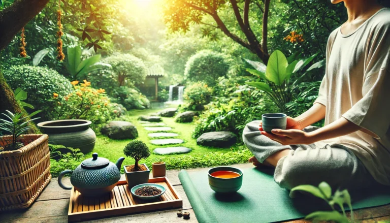 A tranquil garden moment where a person sits on a yoga mat holding a ceramic cup of oolong tea, surrounded by greenery, evoking mindful living and natural fat-burning through tea and calm habits.