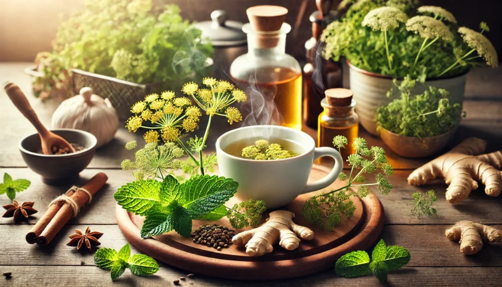 Herbal Appetite Control: Natural Hunger Suppressants and Foods That Curb Appetite Safely and Effectively 3 A warm kitchen scene with a steaming cup of herbal tea surrounded by fresh peppermint, fennel seeds, and ginger root on a wooden countertop in soft morning light.