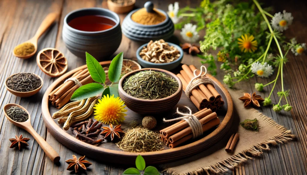 Herbal Appetite Control: Natural Hunger Suppressants and Foods That Curb Appetite Safely and Effectively 2 A wooden tray holding dried herbs used for appetite control, including cinnamon sticks, green tea leaves, licorice root, and dandelion, alongside a ceramic teacup and soft green background foliage.