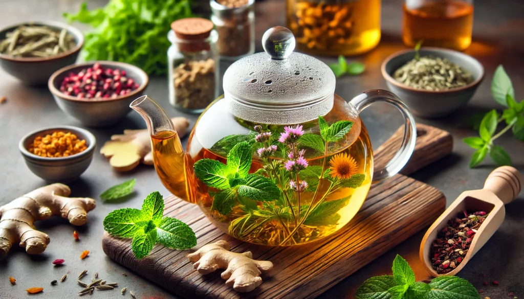 Herbal Appetite Control: Natural Hunger Suppressants and Foods That Curb Appetite Safely and Effectively 1 A glass teapot brewing herbal tea with floating herbs like chamomile, hibiscus, and peppermint, set beside sliced ginger and fresh mint on a cutting board, representing herbal appetite support.