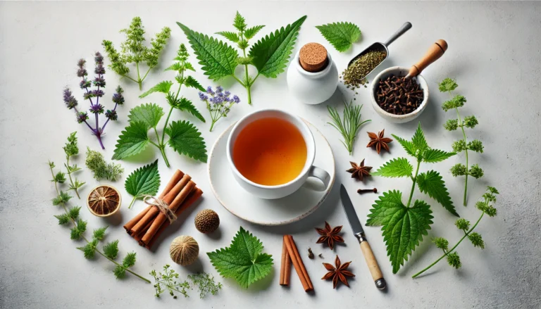 A minimalist wellness setup featuring a teacup of herbal infusion surrounded by natural appetite-curbing herbs such as nettle, parsley, cinnamon, and cloves on a clean white surface.