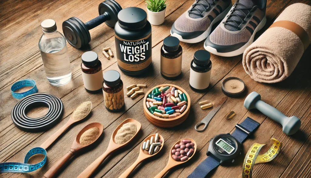 Best Male Weight Loss Supplements: Expert-Backed Herbal Remedies and Natural Support for Men’s Fat Loss Goals 3 A flat-lay of natural male weight loss supplements including capsules, powders, and bottles arranged on a wooden table with workout gear like a water bottle and resistance bands in soft daylight.