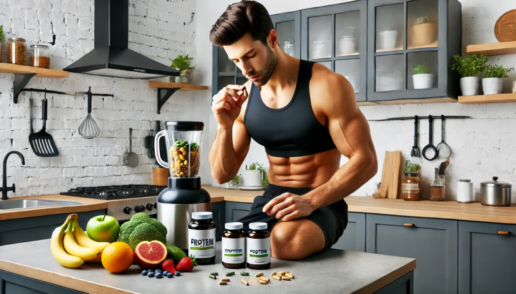 Best Male Weight Loss Supplements: Expert-Backed Herbal Remedies and Natural Support for Men’s Fat Loss Goals 2 A fit man in athletic wear taking a supplement capsule in a modern kitchen, with supplement bottles, fruits, and a protein shake blender on the counter, reflecting a weight loss routine.