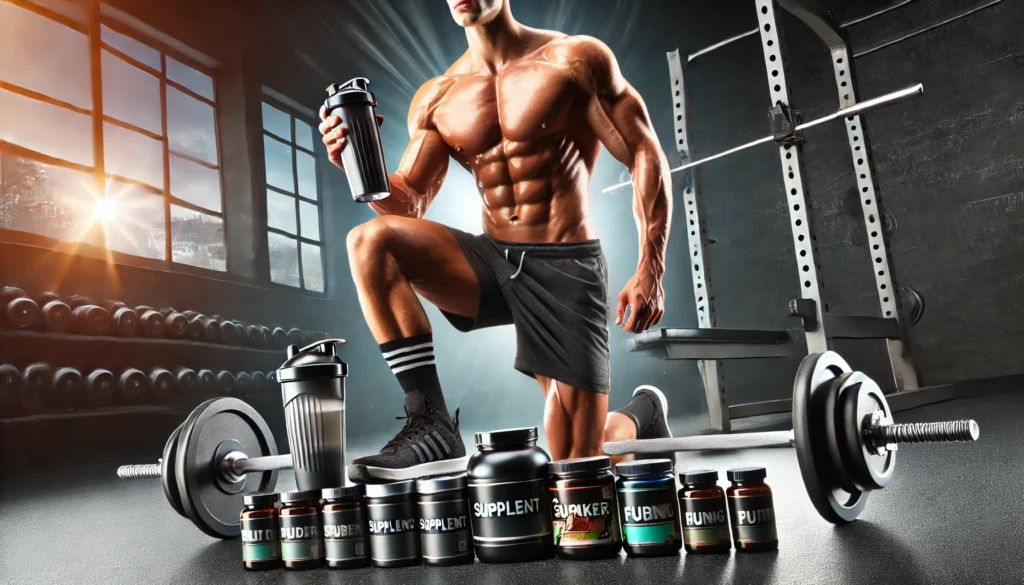 Best Male Weight Loss Supplements: Expert-Backed Herbal Remedies and Natural Support for Men’s Fat Loss Goals 1 A gym setting with a muscular man holding a shaker bottle beside supplement containers and gym weights, suggesting the use of fat-burning supplements during a strength training session.