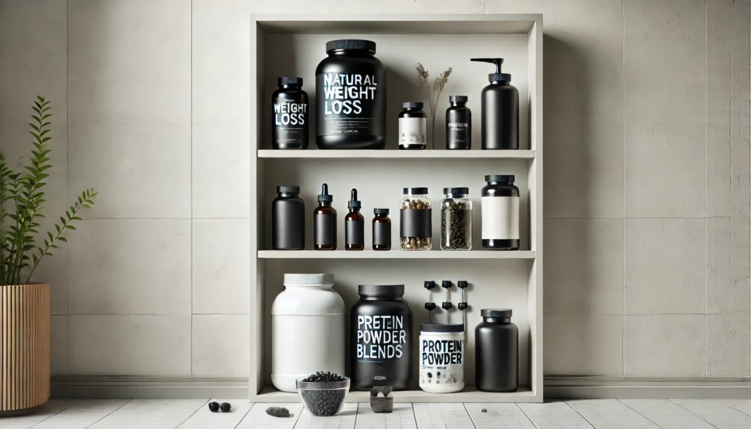 A modern, minimalist wellness shelf displaying male-focused weight loss supplements like herbal capsules and protein powders in a clean, masculine bathroom setting.