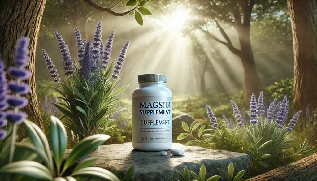 A magnesium supplement bottle resting on a rock in a tranquil forest scene, surrounded by lavender flowers and greenery, with soft sunlight filtering through trees, symbolizing natural stress relief.