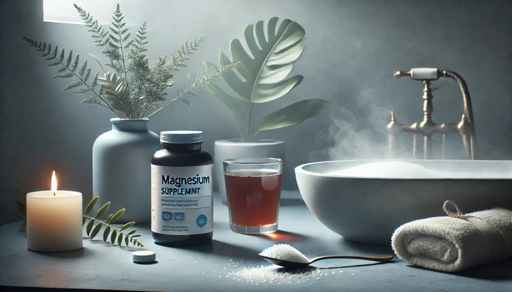 A serene spa-like bathroom with a magnesium bottle next to a steaming herbal tea and bath salts, set against a calming blue-gray background that evokes relaxation and reduced anxiety.