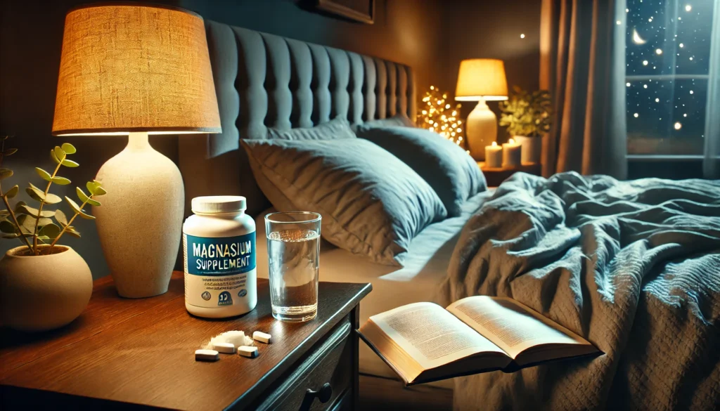 A cozy nighttime bedroom scene with a magnesium supplement on a nightstand beside a glass of water and an open book, bathed in warm ambient light, representing restful sleep and calm.