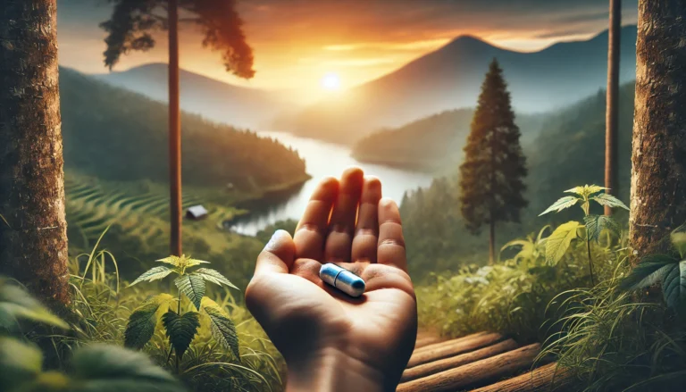 A hand gently holding a magnesium capsule in an outdoor setting at sunrise, with soft-focus mountains and trees in the background, representing natural healing, calm, and cortisol balance.