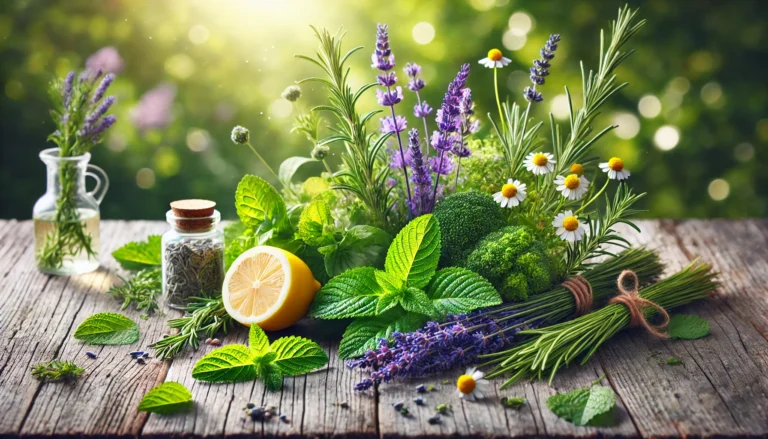 A vibrant outdoor still life of fresh mood-boosting herbs including lavender, chamomile, lemon balm, and rosemary arranged on a rustic wooden table in natural sunlight with a blurred green garden background.