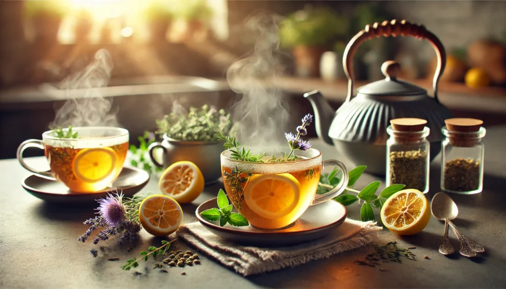 Mood Boosting Herbs for Mental Wellness: How Natural Remedies May Help Support Emotional Balance and Elevation 1 A cozy home setting with steaming herbal tea infused with lemon balm, chamomile, and passionflower, placed beside a teapot and fresh herbs, bathed in soft natural window light for a calming mood.