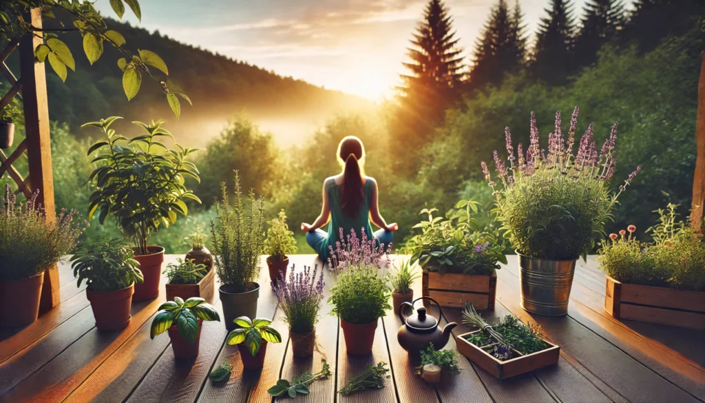 Mood Boosting Herbs for Mental Wellness: How Natural Remedies May Help Support Emotional Balance and Elevation 2 A tranquil morning scene of a person meditating on a wooden deck surrounded by potted basil, lavender, and sage, with golden sunlight and a lush forest backdrop, emphasizing emotional wellness.