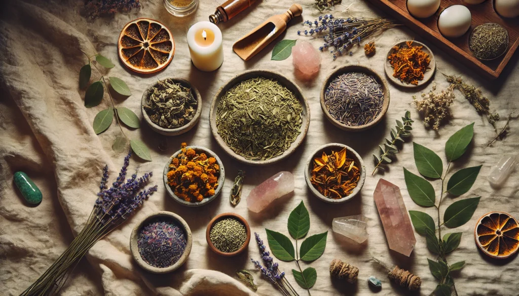 Mood Boosting Herbs for Mental Wellness: How Natural Remedies May Help Support Emotional Balance and Elevation 3 An aesthetically arranged flat lay of dried herbs including St. John's Wort, chamomile, lavender, and ashwagandha in bowls, surrounded by candles and crystals on a natural linen cloth for a holistic vibe.