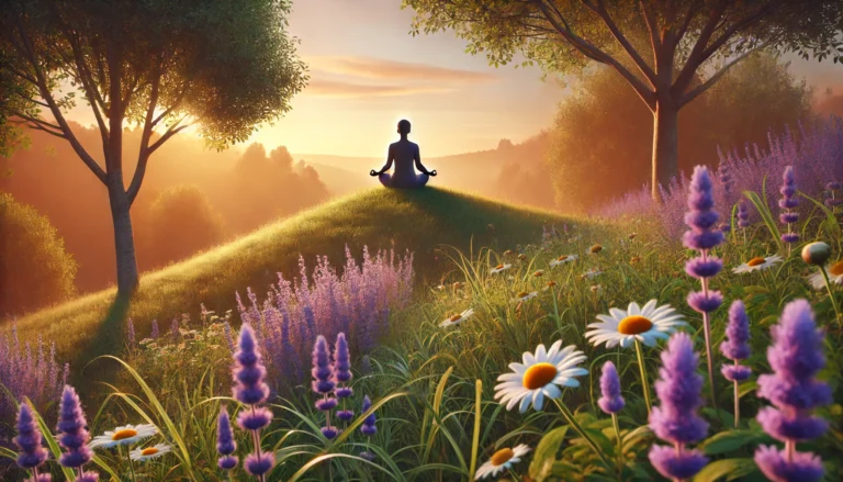 Serene morning meditation scene with a person seated on a grassy hill surrounded by blooming lavender and chamomile, symbolizing emotional balance through natural surroundings.