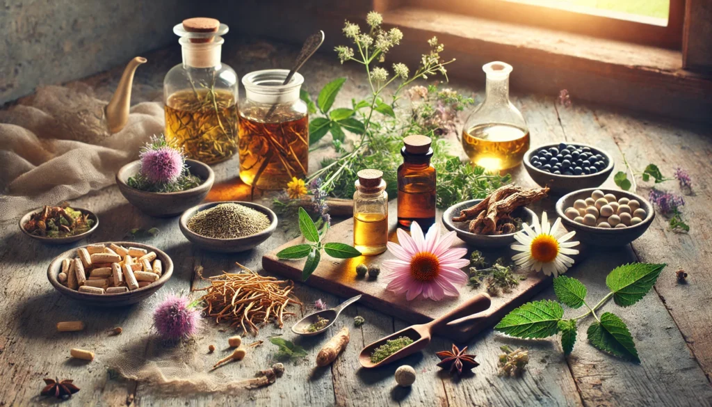 Best Natural Mood Stabilisers for Anxiety: Can Herbal Remedies and Holistic Supplements Help Support Emotional Balance? 1 Peaceful forest path with golden sunlight and a person walking amid wild herbs like lemon balm and holy basil, representing nature’s role in emotional healing and calmness.